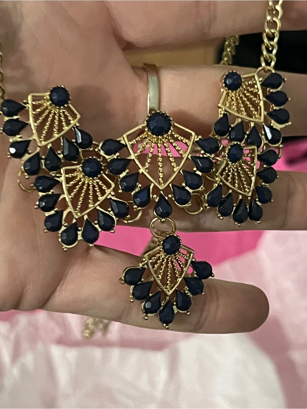 Gold-Tone Necklace with Navy Blue Accents - Statement Women's Jewelry